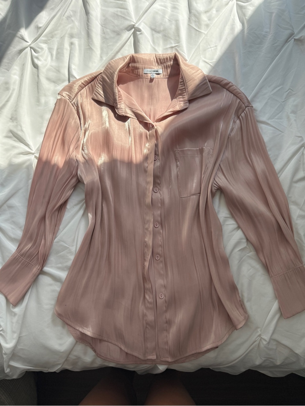 Fashion Nova Pleated Satin Button-Down Shirt Nude Pink Silk Shiny Blouse